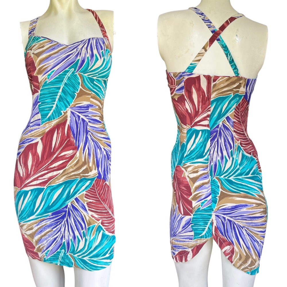 Vintage 90's Paris Blues Multicolor Palm Print Mini Dress Size 7 Juniors